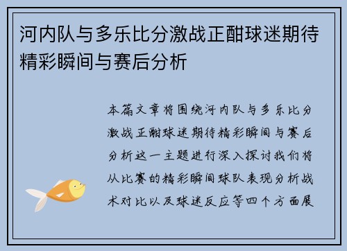 河内队与多乐比分激战正酣球迷期待精彩瞬间与赛后分析