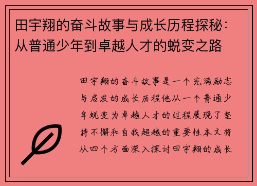 田宇翔的奋斗故事与成长历程探秘：从普通少年到卓越人才的蜕变之路
